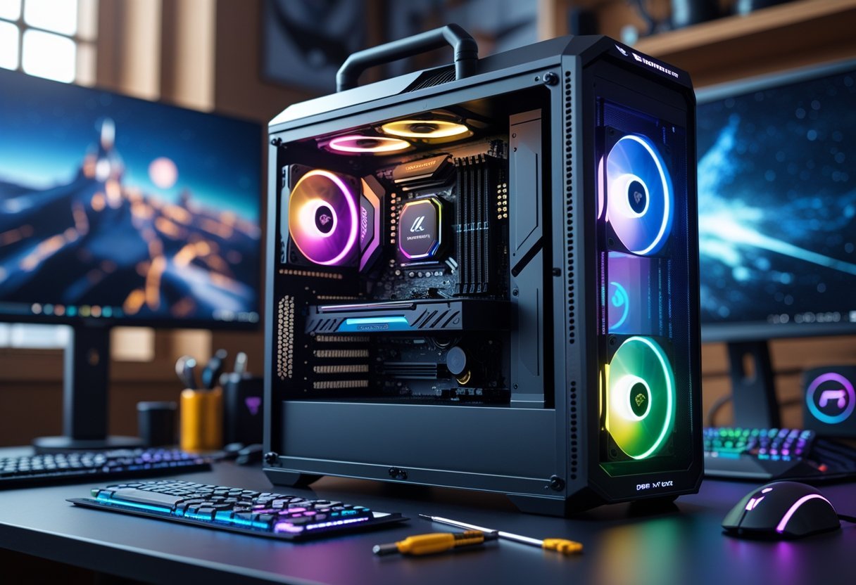 An open gaming PC case with visible components and tools on a workbench, alongside gaming peripherals in the background.