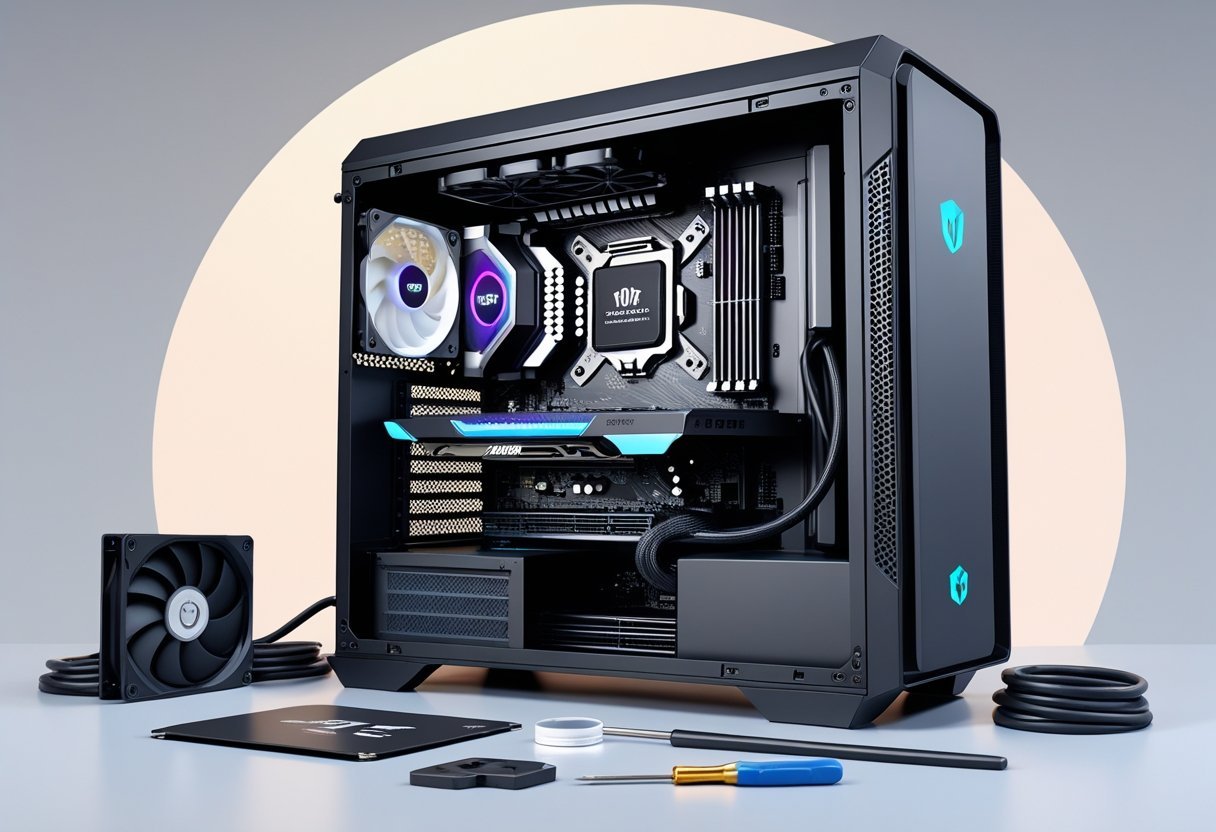 An open gaming PC case showing core components like motherboard, CPU, RAM, graphics card, and power supply being assembled with tools nearby.
