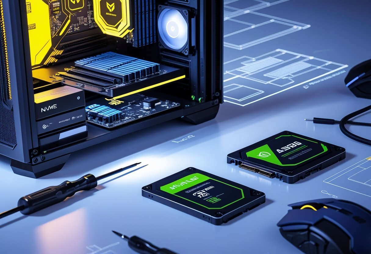 A workspace showing an open gaming PC with RAM sticks being installed and various storage devices displayed on the desk.