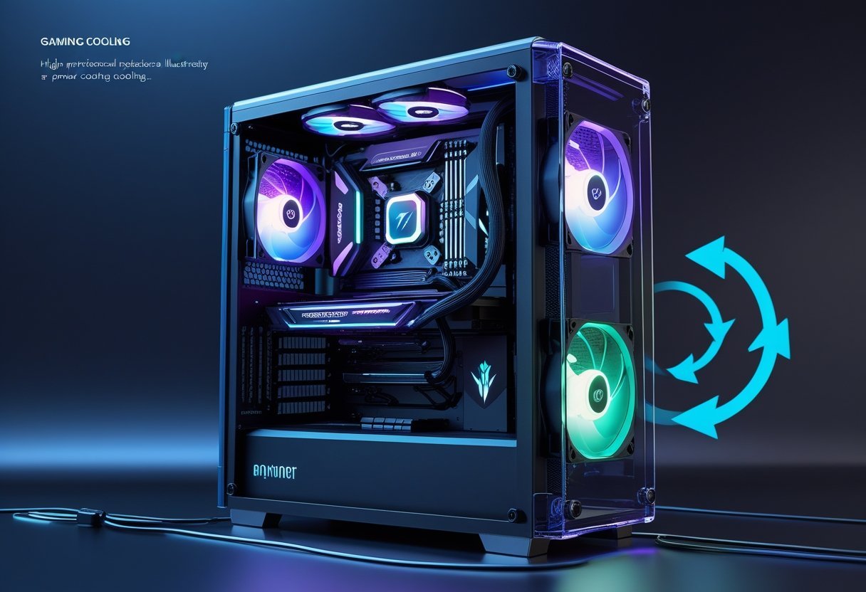 A transparent gaming PC case showing internal components with liquid cooling, fans, and organized cables, surrounded by symbols representing power and airflow optimization.