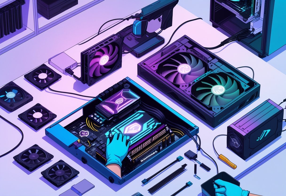 A person assembling a gaming PC with various computer components and tools on a clean workspace.