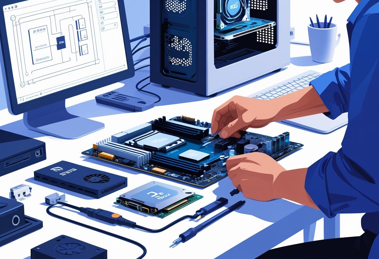A person assembling computer components on a desk, placing a CPU onto a motherboard with tools and a monitor displaying a schematic in the background.