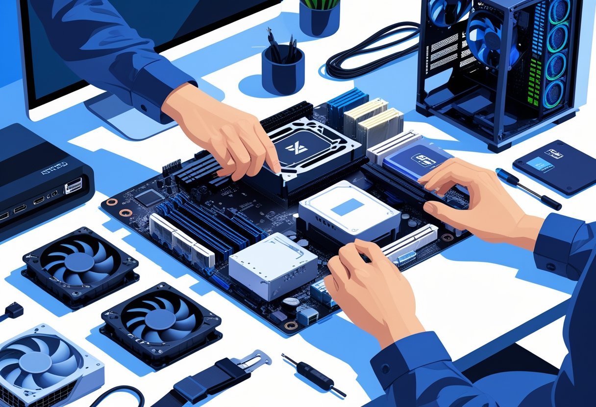 A workspace with computer components arranged for building a PC, showing hands installing a CPU onto a motherboard surrounded by other parts and tools.
